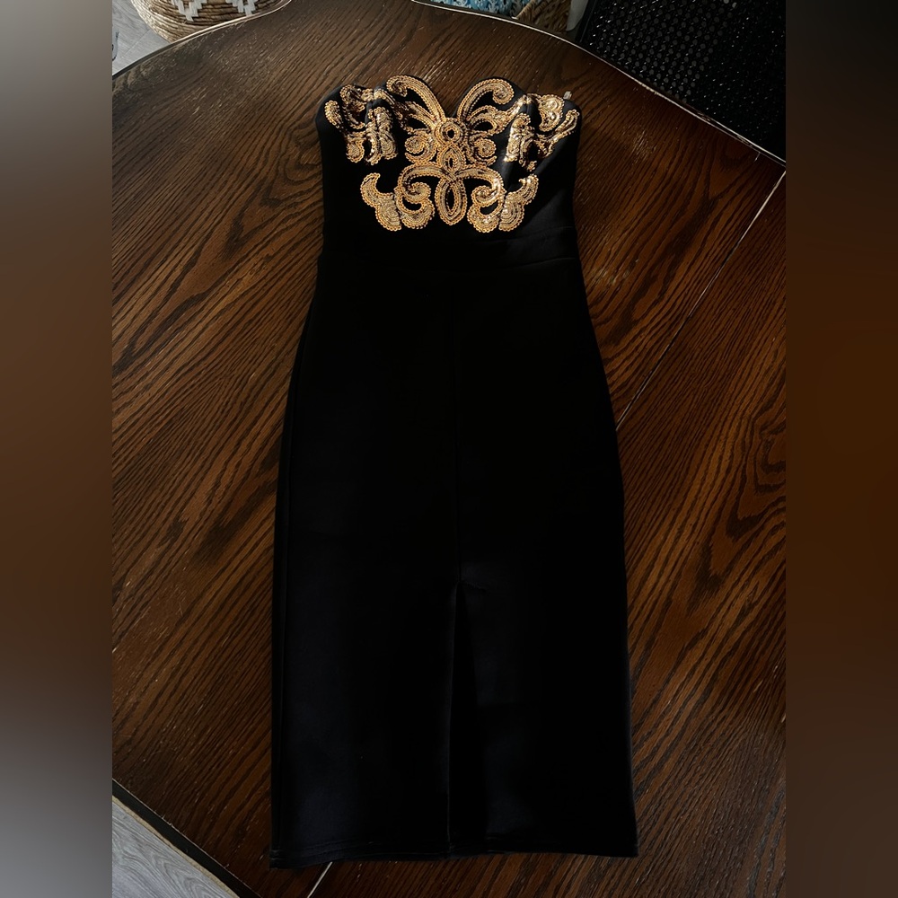 Lipsy Strapless Black Gown with Gold Baroque Detail